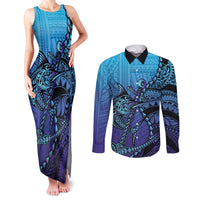 Personalised Polynesia Blue Marlin Fishing Couples Matching Tank Maxi Dress and Long Sleeve Button Shirt Marlin Anchor Tattoo Polynesian Pattern