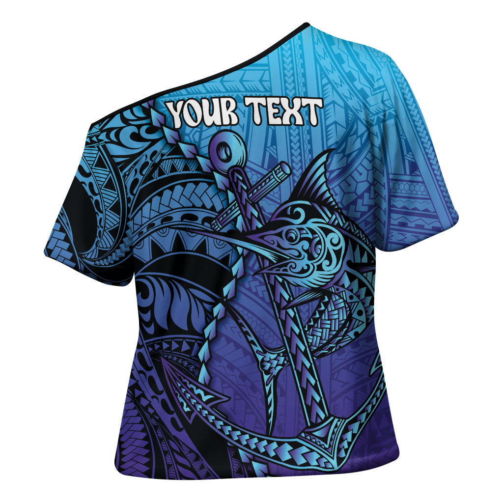 Personalised Polynesia Blue Marlin Fishing Cross Shoulder Shirt Marlin Anchor Tattoo Polynesian Pattern