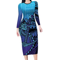 Personalised Polynesia Blue Marlin Fishing Family Matching Long Sleeve Bodycon Dress and Hawaiian Shirt Marlin Anchor Tattoo Polynesian Pattern LT14 Mom's Dress Purple - Polynesian Pride