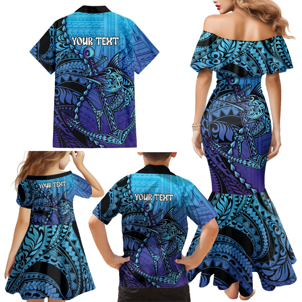 Personalised Polynesia Blue Marlin Fishing Family Matching Mermaid Dress and Hawaiian Shirt Marlin Anchor Tattoo Polynesian Pattern