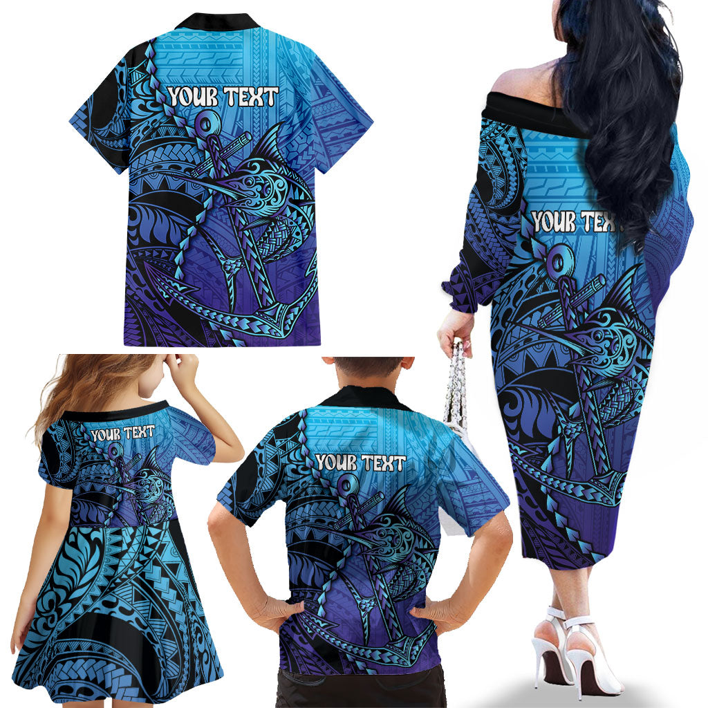 Personalised Polynesia Blue Marlin Fishing Family Matching Off The Shoulder Long Sleeve Dress and Hawaiian Shirt Marlin Anchor Tattoo Polynesian Pattern LT14 - Polynesian Pride