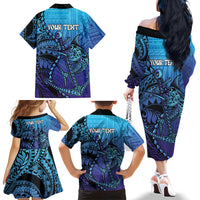 Personalised Polynesia Blue Marlin Fishing Family Matching Off The Shoulder Long Sleeve Dress and Hawaiian Shirt Marlin Anchor Tattoo Polynesian Pattern LT14 - Polynesian Pride