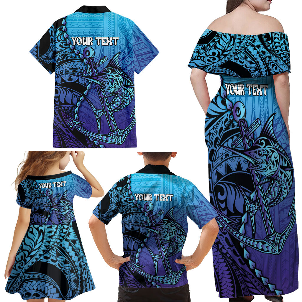 Personalised Polynesia Blue Marlin Fishing Family Matching Off Shoulder Maxi Dress and Hawaiian Shirt Marlin Anchor Tattoo Polynesian Pattern