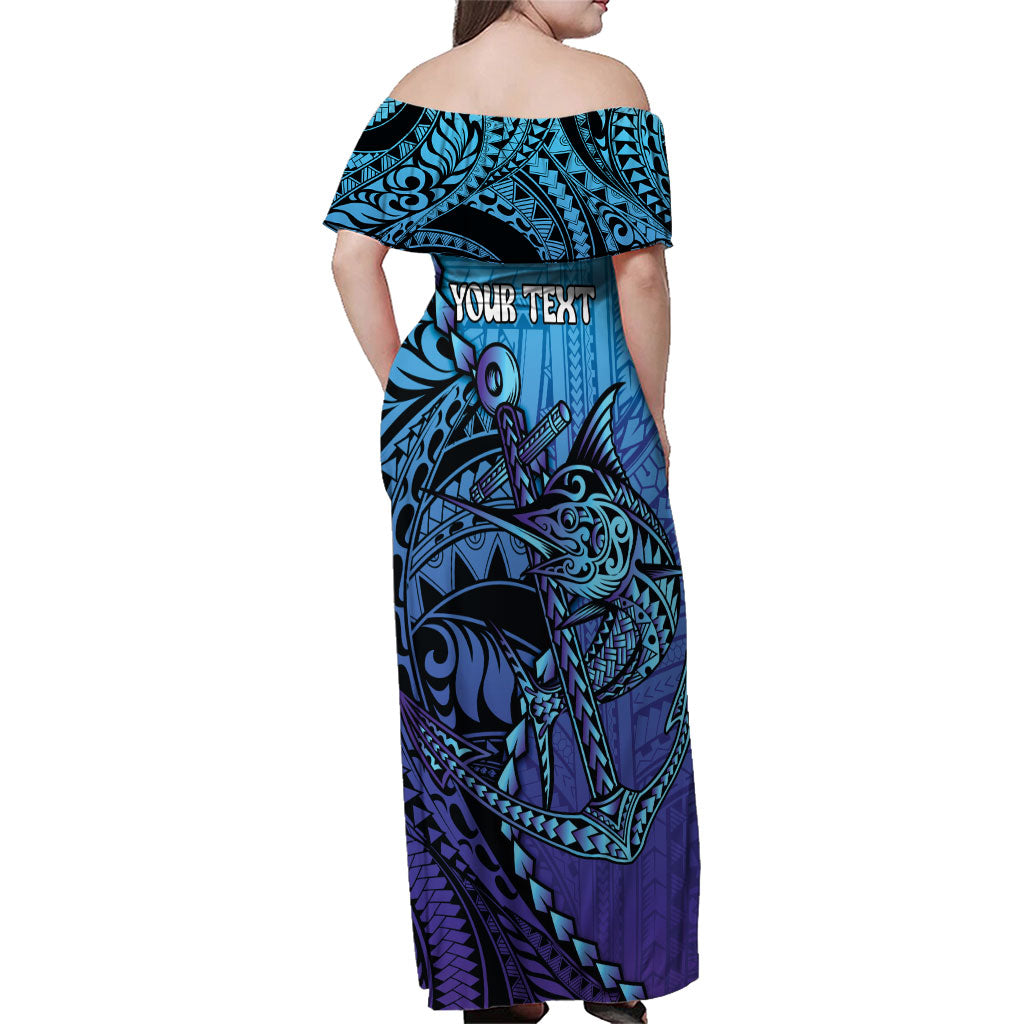 Personalised Polynesia Blue Marlin Fishing Family Matching Off Shoulder Maxi Dress and Hawaiian Shirt Marlin Anchor Tattoo Polynesian Pattern