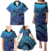 Personalised Polynesia Blue Marlin Fishing Family Matching Puletasi and Hawaiian Shirt Marlin Anchor Tattoo Polynesian Pattern