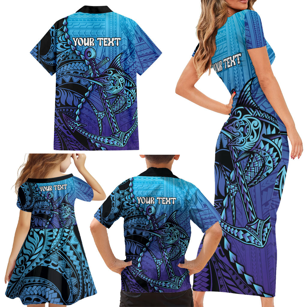 Personalised Polynesia Blue Marlin Fishing Family Matching Short Sleeve Bodycon Dress and Hawaiian Shirt Marlin Anchor Tattoo Polynesian Pattern LT14 - Polynesian Pride