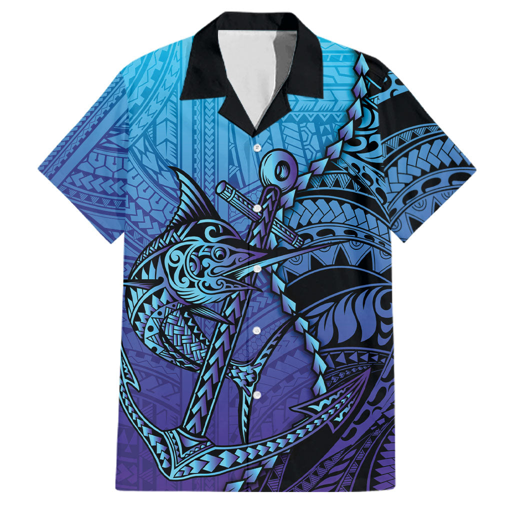 Personalised Polynesia Blue Marlin Fishing Family Matching Short Sleeve Bodycon Dress and Hawaiian Shirt Marlin Anchor Tattoo Polynesian Pattern LT14 Dad's Shirt - Short Sleeve Purple - Polynesian Pride