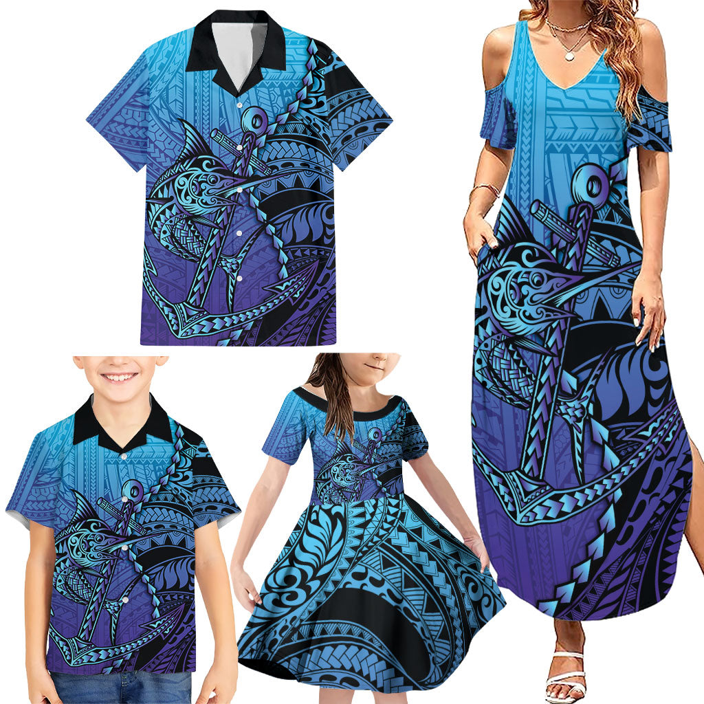 Personalised Polynesia Blue Marlin Fishing Family Matching Summer Maxi Dress and Hawaiian Shirt Marlin Anchor Tattoo Polynesian Pattern