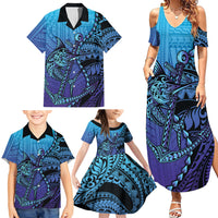 Personalised Polynesia Blue Marlin Fishing Family Matching Summer Maxi Dress and Hawaiian Shirt Marlin Anchor Tattoo Polynesian Pattern