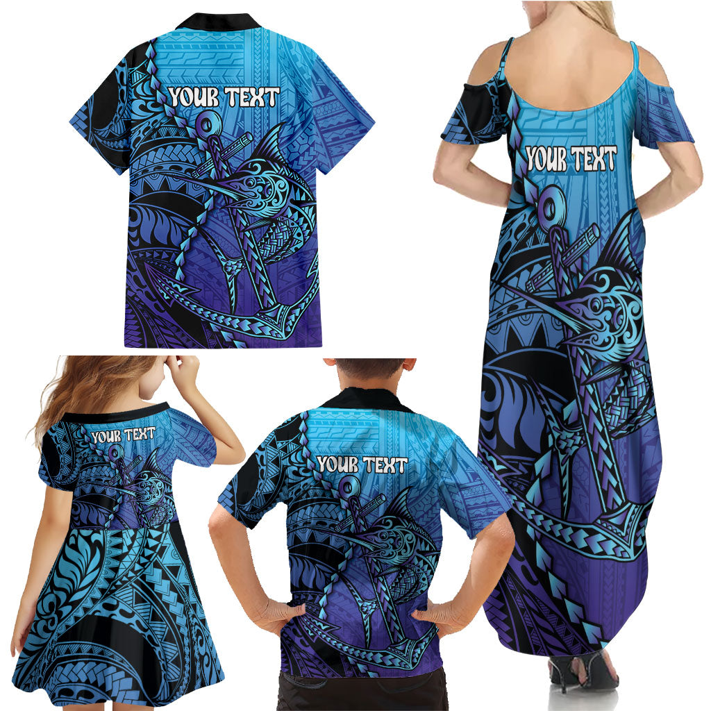 Personalised Polynesia Blue Marlin Fishing Family Matching Summer Maxi Dress and Hawaiian Shirt Marlin Anchor Tattoo Polynesian Pattern