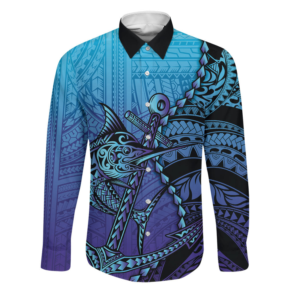 Personalised Polynesia Blue Marlin Fishing Family Matching Summer Maxi Dress and Hawaiian Shirt Marlin Anchor Tattoo Polynesian Pattern