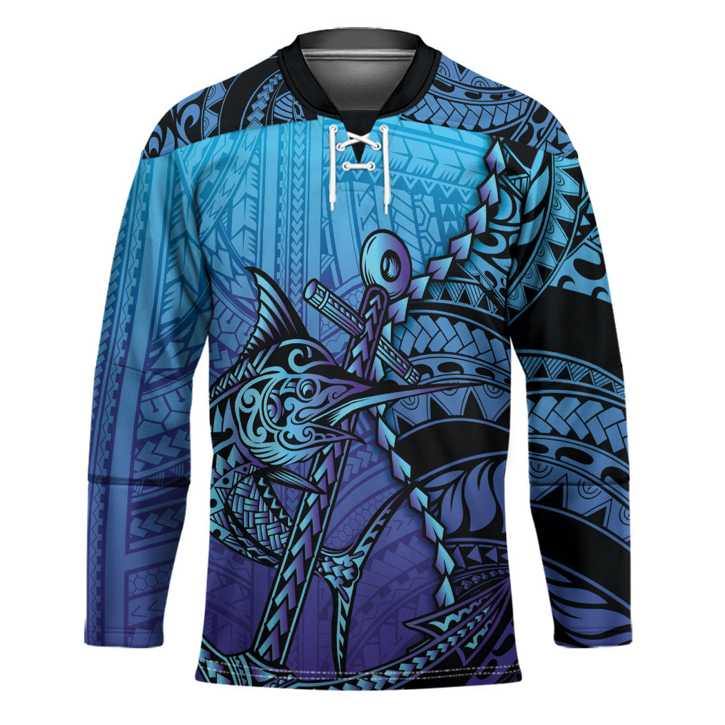 Personalised Polynesia Blue Marlin Fishing Hockey Jersey Marlin Anchor Tattoo Polynesian Pattern