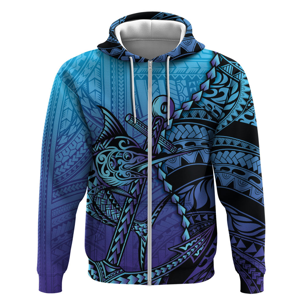 Personalised Polynesia Blue Marlin Fishing Hoodie Marlin Anchor Tattoo Polynesian Pattern