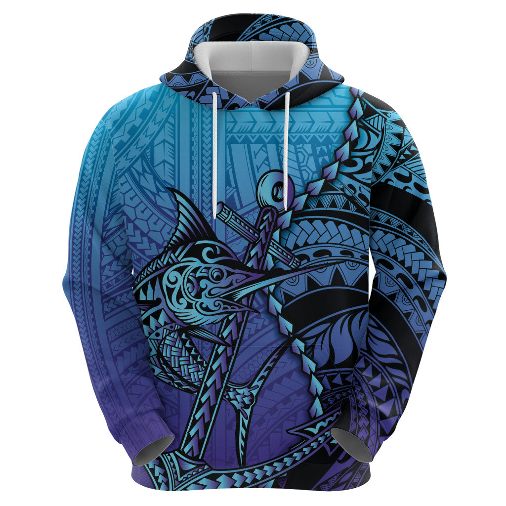 Personalised Polynesia Blue Marlin Fishing Hoodie Marlin Anchor Tattoo Polynesian Pattern