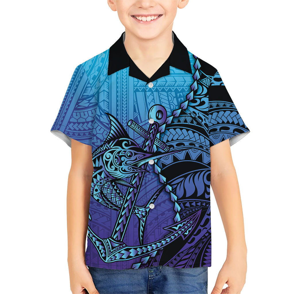 Personalised Polynesia Blue Marlin Fishing Kid Hawaiian Shirt Marlin Anchor Tattoo Polynesian Pattern