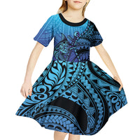 Personalised Polynesia Blue Marlin Fishing Kid Short Sleeve Dress Marlin Anchor Tattoo Polynesian Pattern