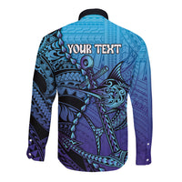 Personalised Polynesia Blue Marlin Fishing Long Sleeve Button Shirt Marlin Anchor Tattoo Polynesian Pattern
