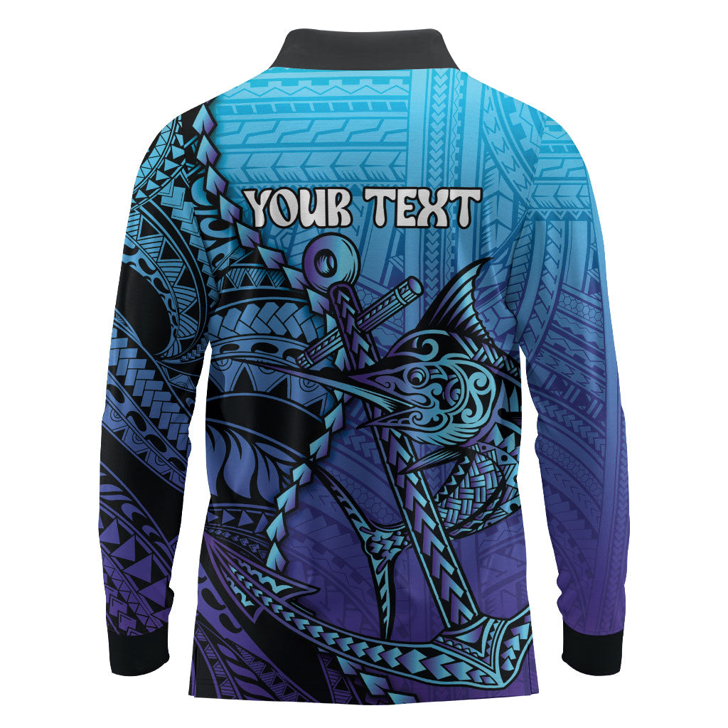 Personalised Polynesia Blue Marlin Fishing Long Sleeve Polo Shirt Marlin Anchor Tattoo Polynesian Pattern