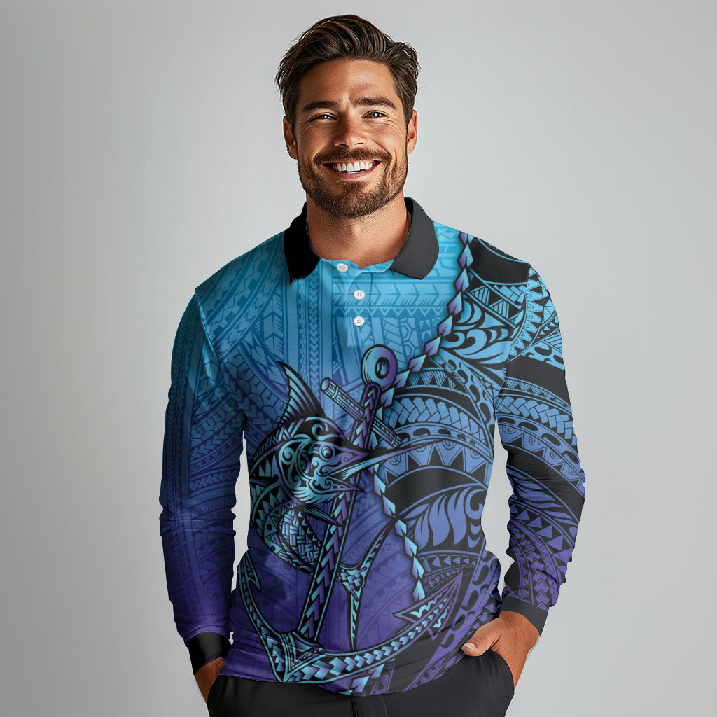 Personalised Polynesia Blue Marlin Fishing Long Sleeve Polo Shirt Marlin Anchor Tattoo Polynesian Pattern