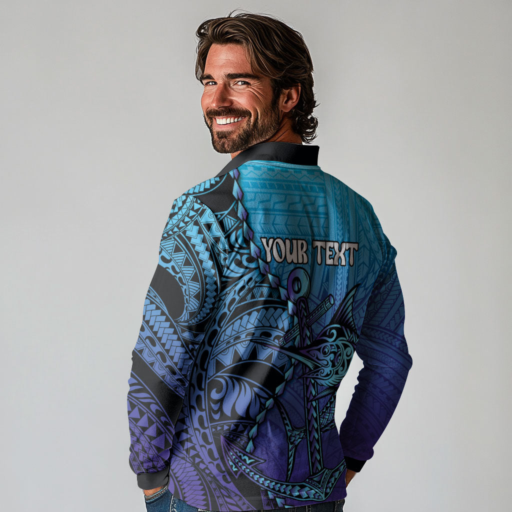 Personalised Polynesia Blue Marlin Fishing Long Sleeve Polo Shirt Marlin Anchor Tattoo Polynesian Pattern