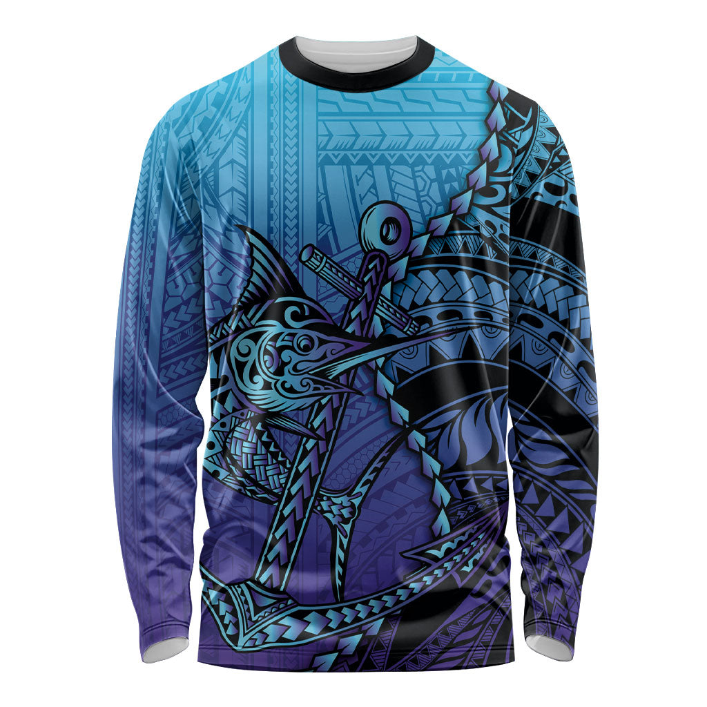 Personalised Polynesia Blue Marlin Fishing Long Sleeve Shirt Marlin Anchor Tattoo Polynesian Pattern