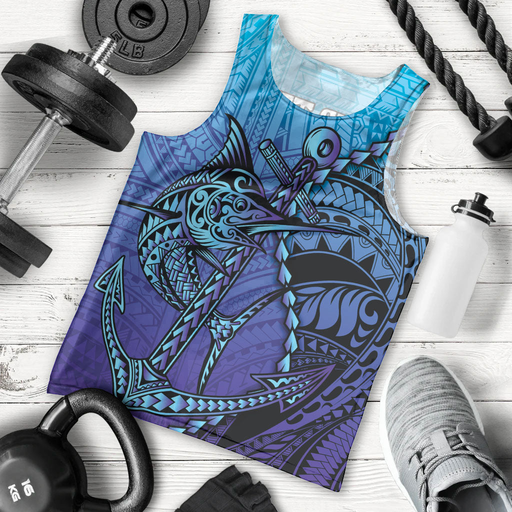 Personalised Polynesia Blue Marlin Fishing Men Tank Top Marlin Anchor Tattoo Polynesian Pattern