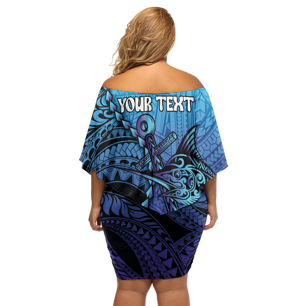 Personalised Polynesia Blue Marlin Fishing Off Shoulder Short Dress Marlin Anchor Tattoo Polynesian Pattern