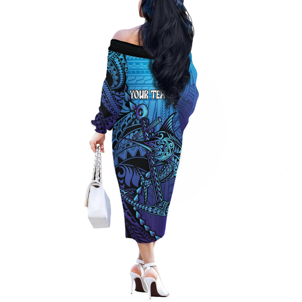 Personalised Polynesia Blue Marlin Fishing Off The Shoulder Long Sleeve Dress Marlin Anchor Tattoo Polynesian Pattern