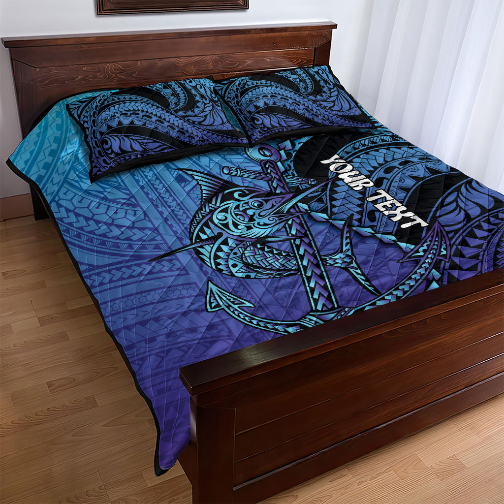Personalised Polynesia Blue Marlin Fishing Quilt Bed Set Marlin Anchor Tattoo Polynesian Pattern