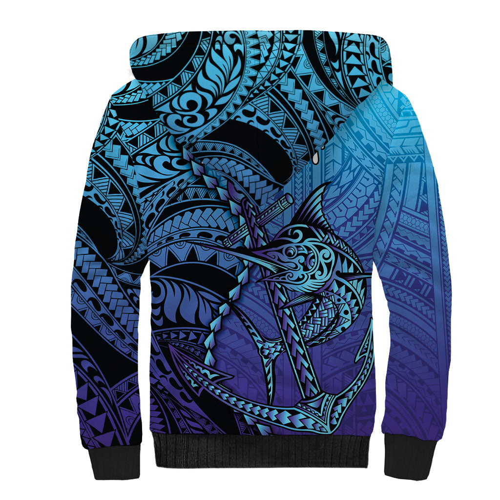 Personalised Polynesia Blue Marlin Fishing Sherpa Hoodie Marlin Anchor Tattoo Polynesian Pattern