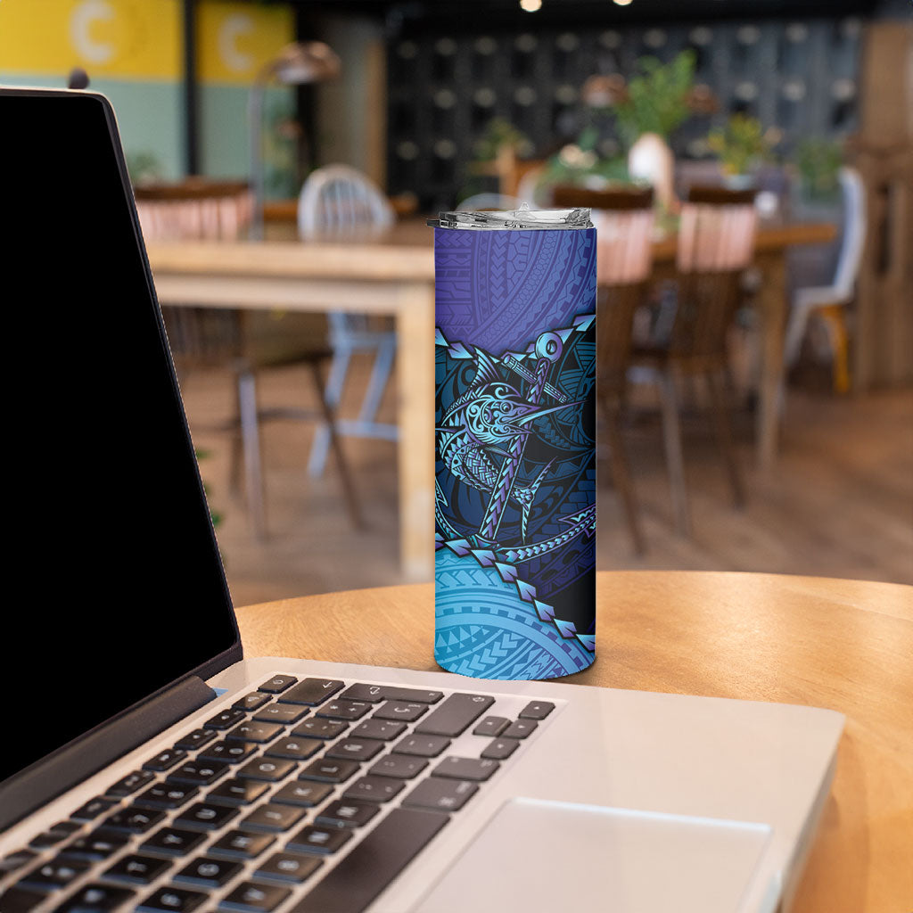 Personalised Polynesia Blue Marlin Fishing Skinny Tumbler Marlin Anchor Tattoo Polynesian Pattern