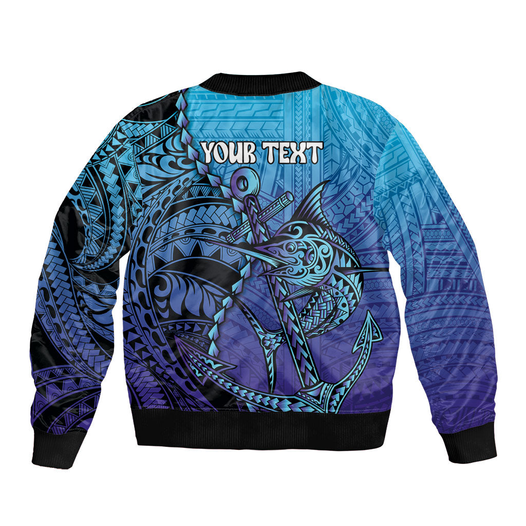 Personalised Polynesia Blue Marlin Fishing Sleeve Zip Bomber Jacket Marlin Anchor Tattoo Polynesian Pattern