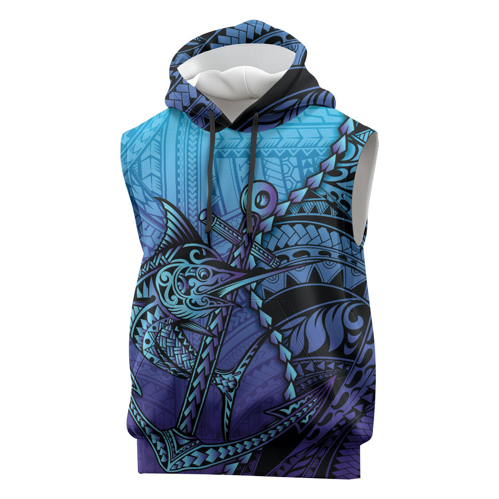 Personalised Polynesia Blue Marlin Fishing Sleeveless Hoodie Marlin Anchor Tattoo Polynesian Pattern