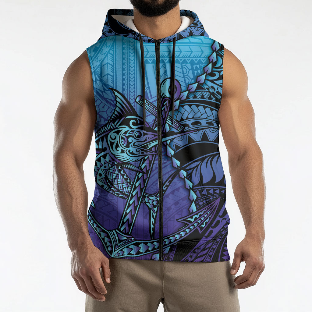 Personalised Polynesia Blue Marlin Fishing Sleeveless Zip Hoodie Marlin Anchor Tattoo Polynesian Pattern
