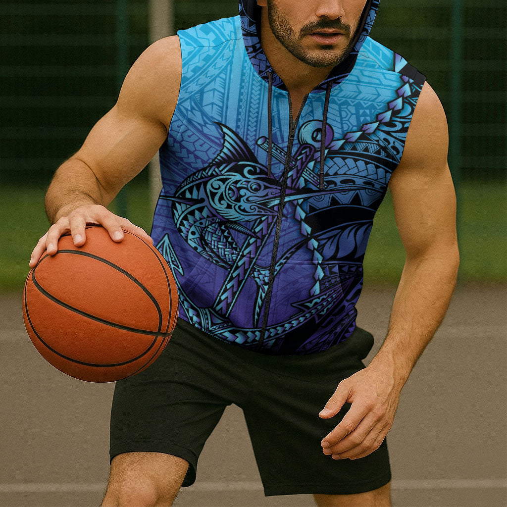 Personalised Polynesia Blue Marlin Fishing Sleeveless Zip Hoodie Marlin Anchor Tattoo Polynesian Pattern