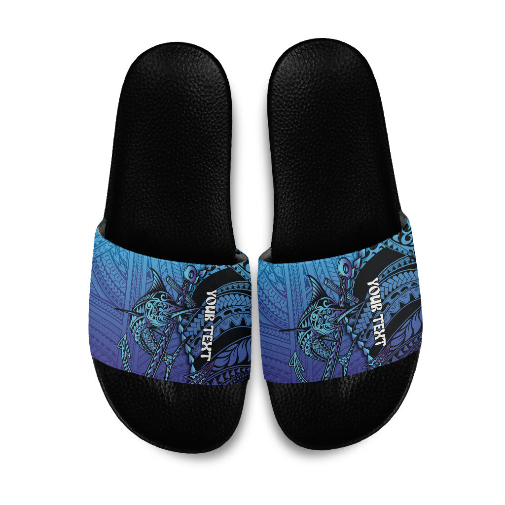 Personalised Polynesia Blue Marlin Fishing Slide Sandals Marlin Anchor Tattoo Polynesian Pattern