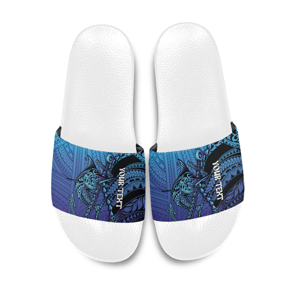 Personalised Polynesia Blue Marlin Fishing Slide Sandals Marlin Anchor Tattoo Polynesian Pattern