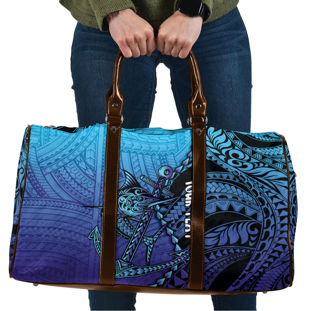 Personalised Polynesia Blue Marlin Fishing Travel Bag Marlin Anchor Tattoo Polynesian Pattern