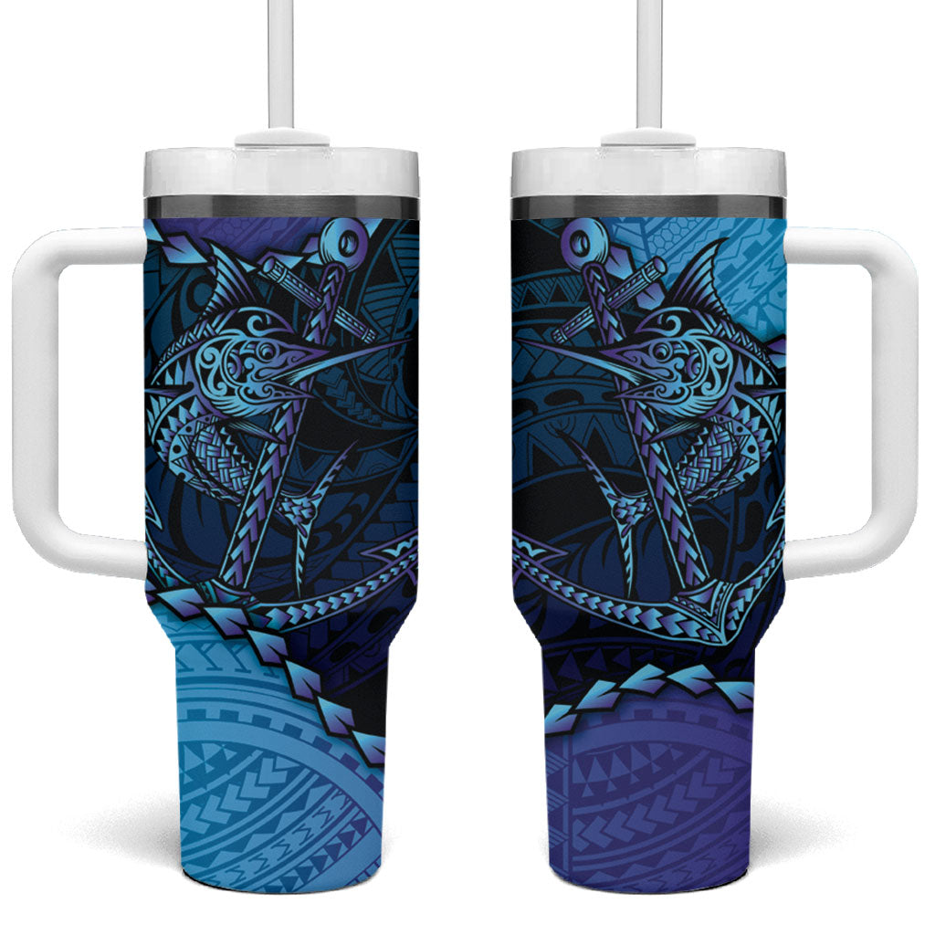 Personalised Polynesia Blue Marlin Fishing Tumbler With Handle Marlin Anchor Tattoo Polynesian Pattern