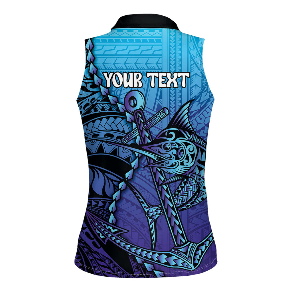 Personalised Polynesia Blue Marlin Fishing Women Sleeveless Polo Shirt Marlin Anchor Tattoo Polynesian Pattern