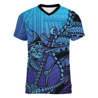 Personalised Polynesia Blue Marlin Fishing Women V-Neck T-Shirt Marlin Anchor Tattoo Polynesian Pattern
