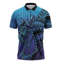 Personalised Polynesia Blue Marlin Fishing Zipper Polo Shirt Marlin Anchor Tattoo Polynesian Pattern