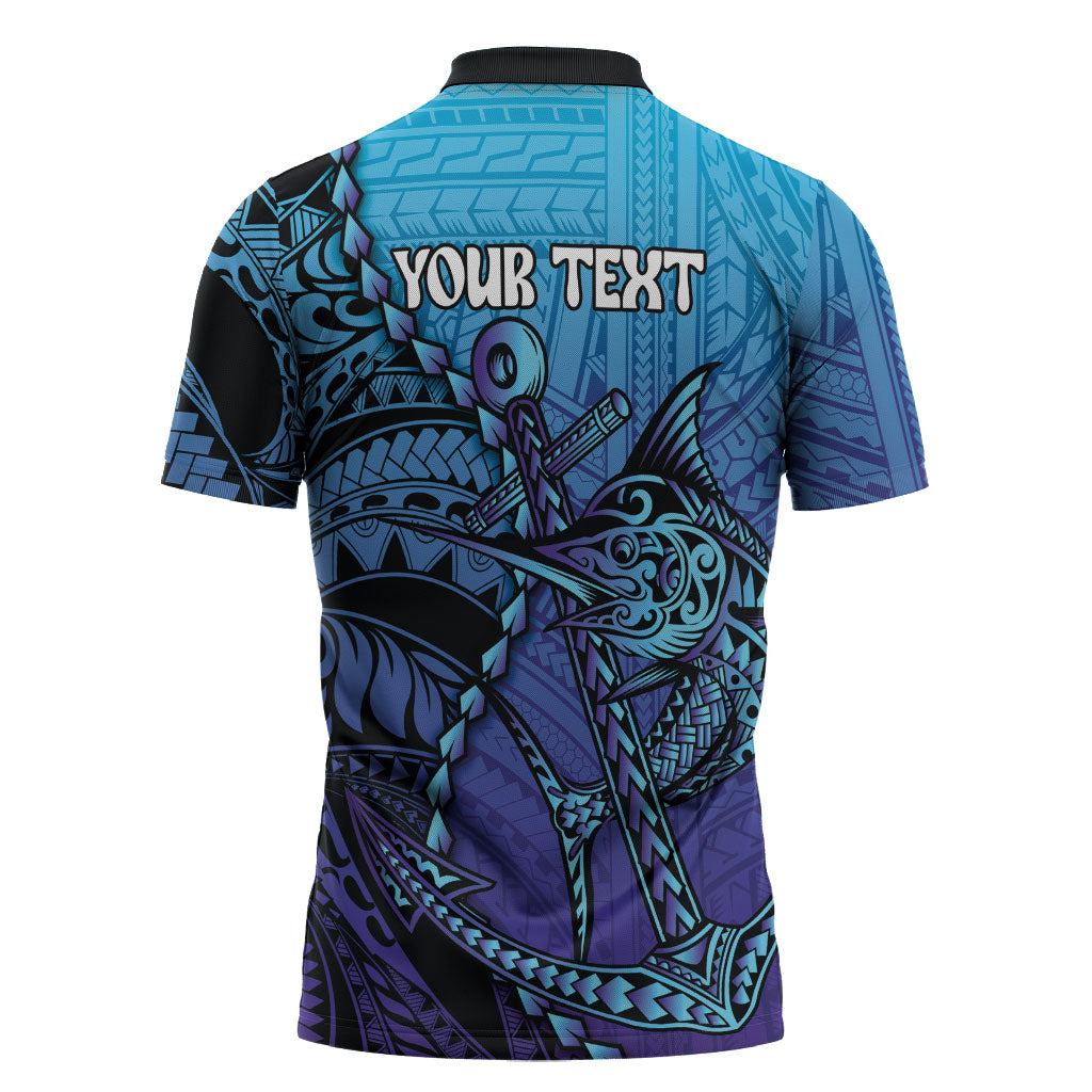 Personalised Polynesia Blue Marlin Fishing Zipper Polo Shirt Marlin Anchor Tattoo Polynesian Pattern