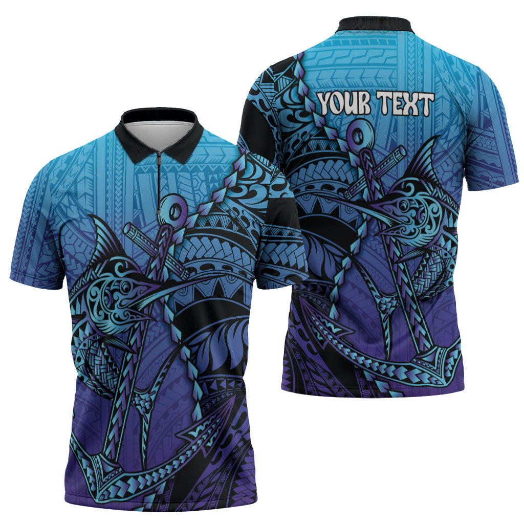 Personalised Polynesia Blue Marlin Fishing Zipper Polo Shirt Marlin Anchor Tattoo Polynesian Pattern