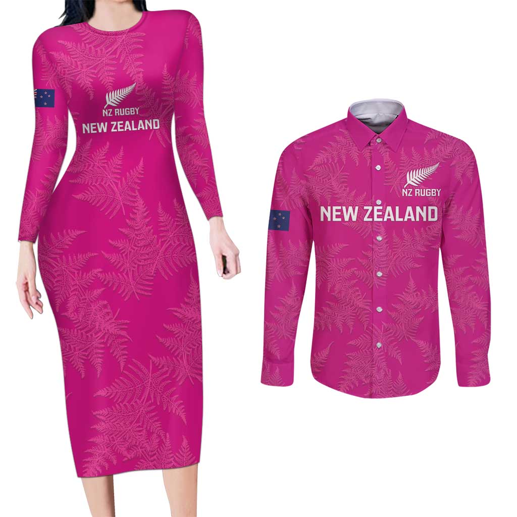 Custom New Zealand Silver Fern Rugby Couples Matching Long Sleeve Bodycon Dress and Long Sleeve Button Shirt Go Aotearoa - Pink Version LT14 Pink - Polynesian Pride