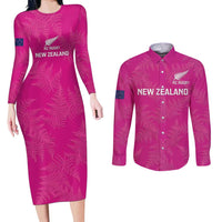 Custom New Zealand Silver Fern Rugby Couples Matching Long Sleeve Bodycon Dress and Long Sleeve Button Shirt Go Aotearoa - Pink Version LT14 Pink - Polynesian Pride