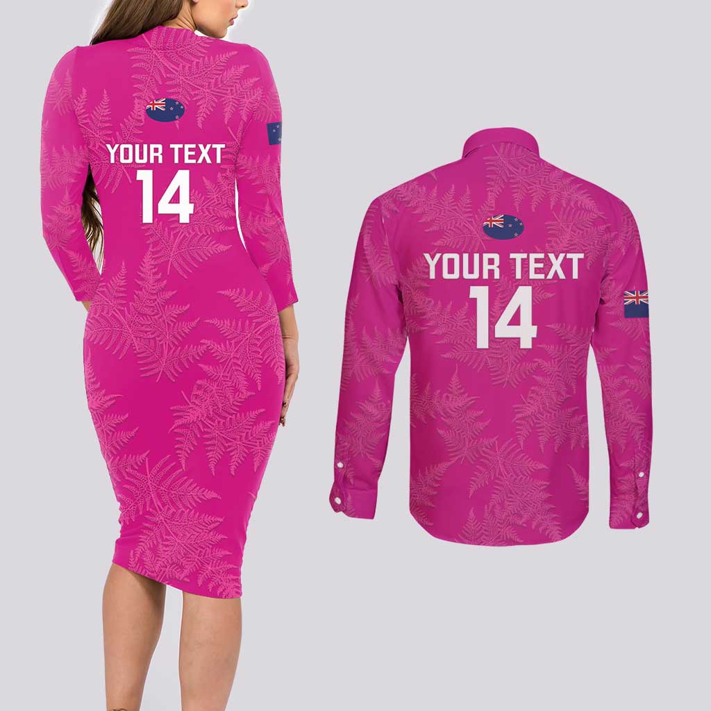 Custom New Zealand Silver Fern Rugby Couples Matching Long Sleeve Bodycon Dress and Long Sleeve Button Shirt Go Aotearoa - Pink Version LT14 - Polynesian Pride