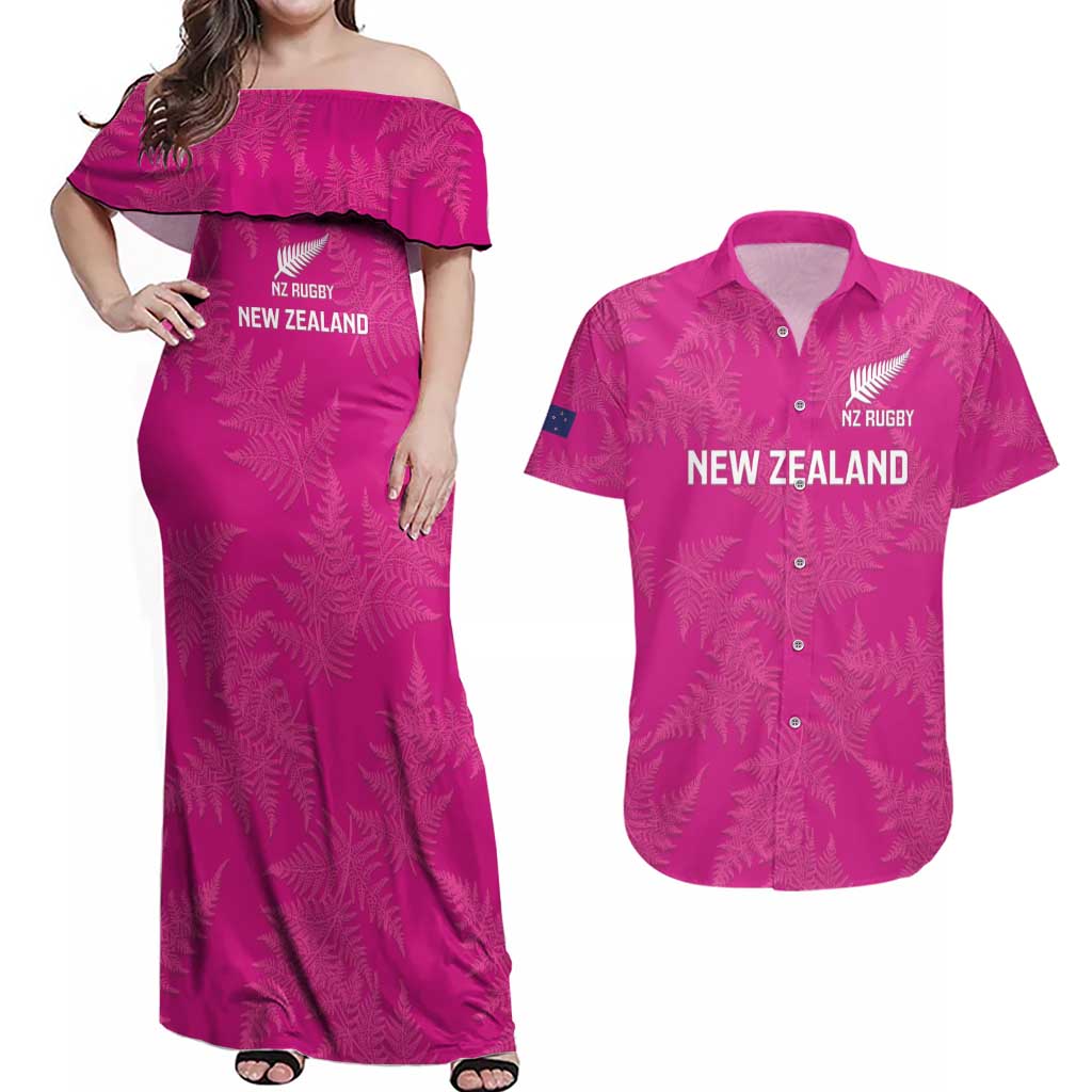 Custom New Zealand Silver Fern Rugby Couples Matching Off Shoulder Maxi Dress and Hawaiian Shirt Go Aotearoa - Pink Version LT14 Pink - Polynesian Pride