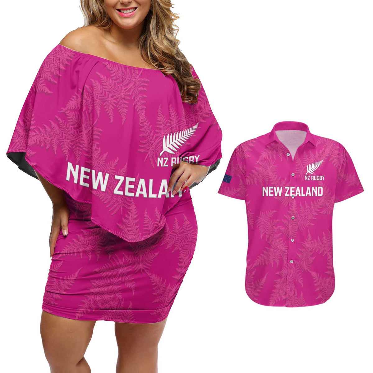 Custom New Zealand Silver Fern Rugby Couples Matching Off Shoulder Short Dress and Hawaiian Shirt Go Aotearoa - Pink Version LT14 Pink - Polynesian Pride