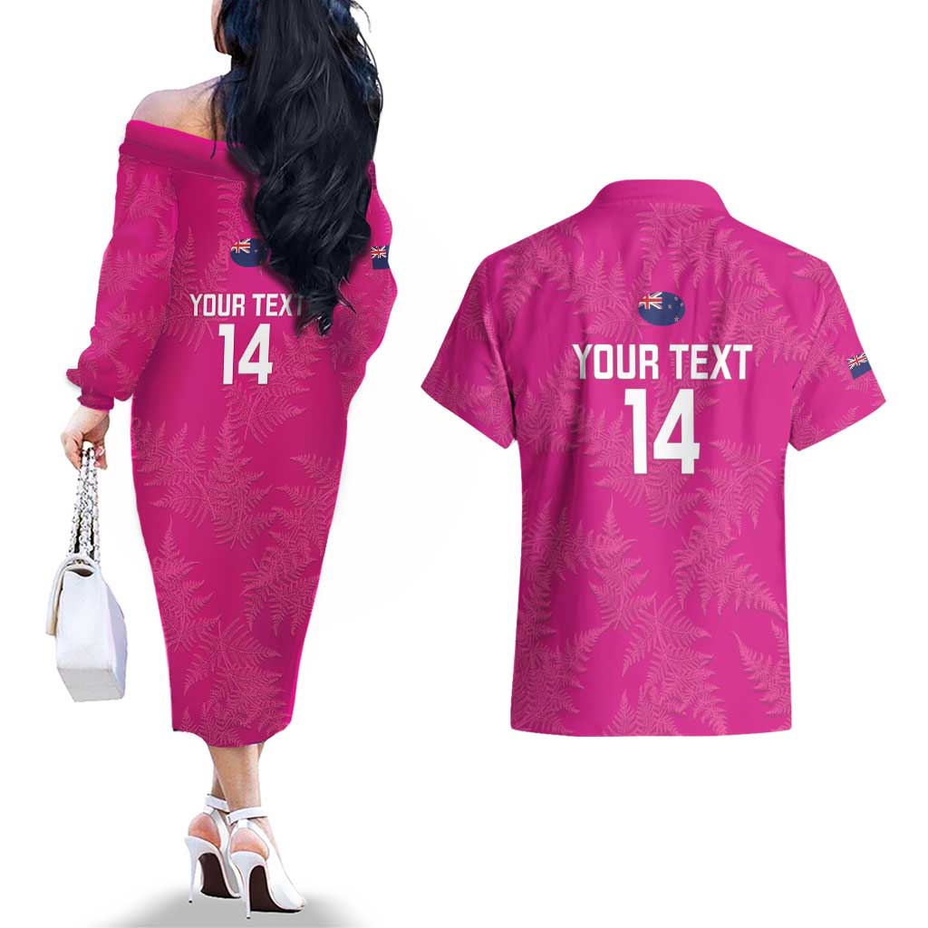Custom New Zealand Silver Fern Rugby Couples Matching Off The Shoulder Long Sleeve Dress and Hawaiian Shirt Go Aotearoa - Pink Version LT14 - Polynesian Pride